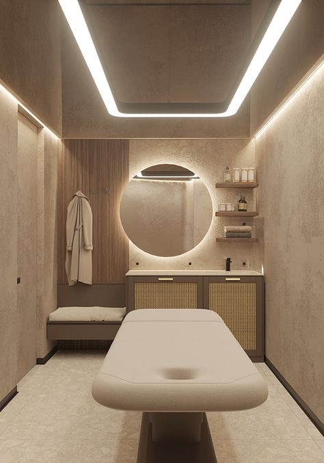 Body laboratory on Behance Dark Spa Interior Design, Modern Spa Design Interiors, Dreamy Lash Room, Medspa Interior Design Modern, Esthetics Room Organization, Skincare Room Design, Esthetician Spa Room, Skin Care Room Design, Spa Waiting Room Ideas