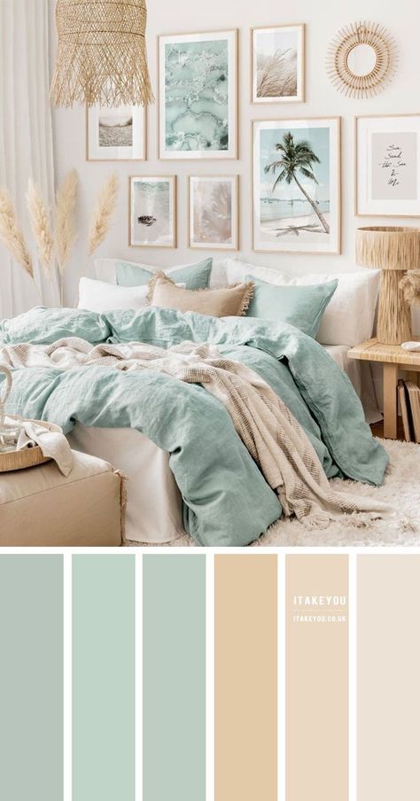 Olive And Pink Living Room, Pink And Green Coastal Bedroom, La Bedroom, Cream Bedroom, Navy Blue Bedrooms, Beach Room Decor, Bedroom Dark, Cottage Coastal, Bedroom Pink