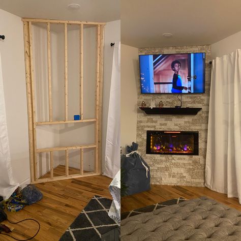 Corner Fireplace Makeover, Corner Fireplace Living Room, Corner Electric Fireplace, Corner Gas Fireplace, Faux Fireplace Diy, Build A Fireplace, Living Room Living Room, Bedroom Fireplace, Living Room Partition