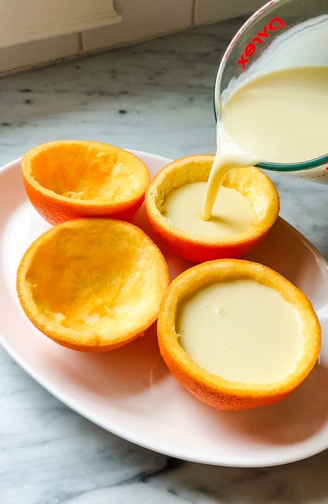 This easy and creamy orange posset recipe with brûlée topping is a refreshing citrus dessert that is always a crowd-pleaser. And it looks as good as it tastes. Peach Creme Brulee, Orange Custard Pie, Lemon Posset Brulee, Citrus Desserts Easy, Orange Posset Recipe, Orange Mousse Recipe, Posset Recipe Desserts, Recipes Using Fresh Oranges, Things To Make With Oranges