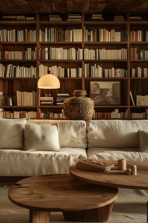 Wabi Sabi Library, Library Home Aesthetic, Wabi Sabi Office Design, Quiet Luxury Interior Design, Library In House, Wabi Sabi Couch, Home Office Bookshelves, Modern Reading Nook, Basement Interior Design