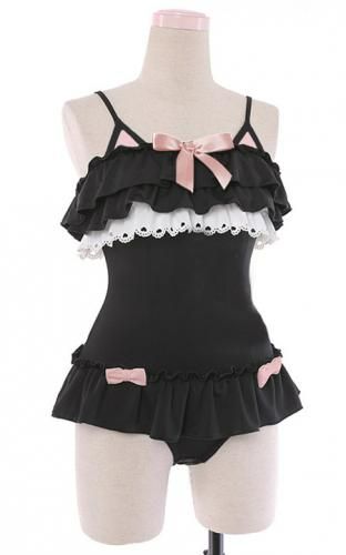 Swimsuits Emo, Swimsuit Japanese Style, Femboy Swim Outfit, Cat Suit Outfit, Japanese Swimming Suit, Kawaii Swimwear, Frilly Swimsuit, Swimsuit Kawaii, Gothic Swimsuit