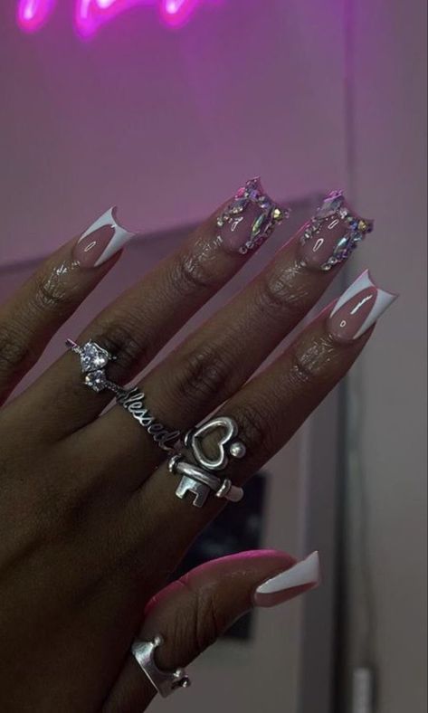 Medium Curved Acrylic Nails, Rings On Hand, Punk Nails, Duck Nails, Drip Nails, Colored Acrylic Nails, French Tip Acrylic Nails, Short Square Acrylic Nails, Exotic Nails