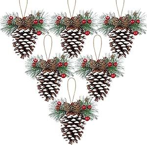 6 Pieces Natural Pinecone Ornaments for Christmas Tree Fall Mini Rustic Pine Cone Hanging Ornament Christmas Tree Decorations Small Thanksgiving Ornament with Pine Needle Berry for DIY Crafts Wedding Exquisite Christmas ornaments: the tips of natural pine cones ornaments are painted white, looking like real snow, besides the green pine needles and red berries on top make these hanging ornaments look more lifelike and realistic Small Thanksgiving, Diy Crafts Wedding, Recycled Christmas Decorations, Pine Cone Christmas Decorations, Woodland Christmas Tree, Natural Ornaments, Ornaments For Christmas Tree, Pine Cone Art, Ornaments For Christmas