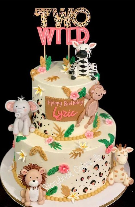 Forever Wild Birthday Cake, Two Wild Birthday Party Cake, Wild 2 Birthday Cake, 2 Tier Safari Birthday Cake, Born Two Be Wild Cake Ideas, Born To Be Wild Cake, Fourever Wild Birthday Cake, Born 2 Be Wild Birthday Cake, Pink Safari Birthday Party Cake