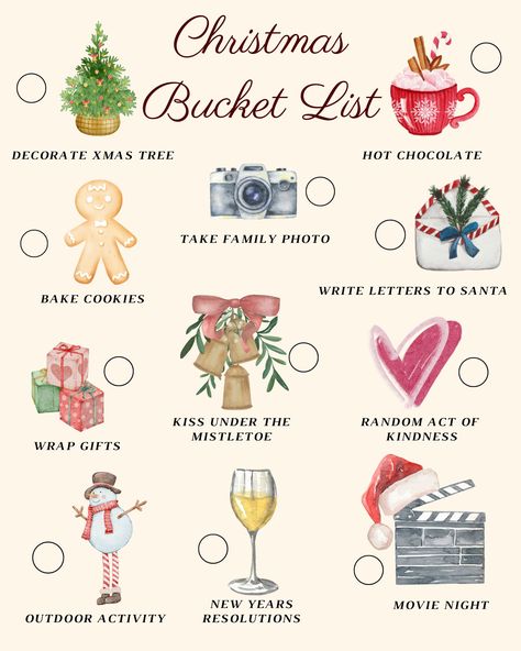 Christmas Bucketlist Ideas, Xmas To Do List, Christmas Checklist Things To Do, Christmas Activities Aesthetic, Bucket Checklist, New Year Bucket List, December Bucket List, Christmas Mood Board, Christmas Bucket List Printable