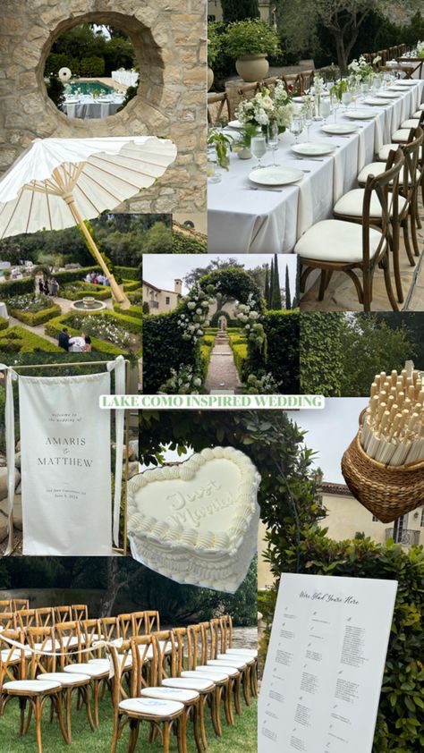 Wedding day mood board | Italy inspired wedding | wedding day welcome sign | wedding day cake | white heart shaped wedding day cake | just married cake | umbrella ceremony | ceremony bows | ceremony chairs | seating chart | garden wedding | lake como | Italy | wedding day | all white wedding florals | Italy Wedding Seating Chart, Italian Civil Wedding, White Wedding Umbrella, Italian Garden Theme Wedding, European Garden Wedding Aesthetic, Seating Chart Garden Wedding, Garden Wedding Mood Board, Summer 2025 Wedding, Bridal Shower Venue Ideas