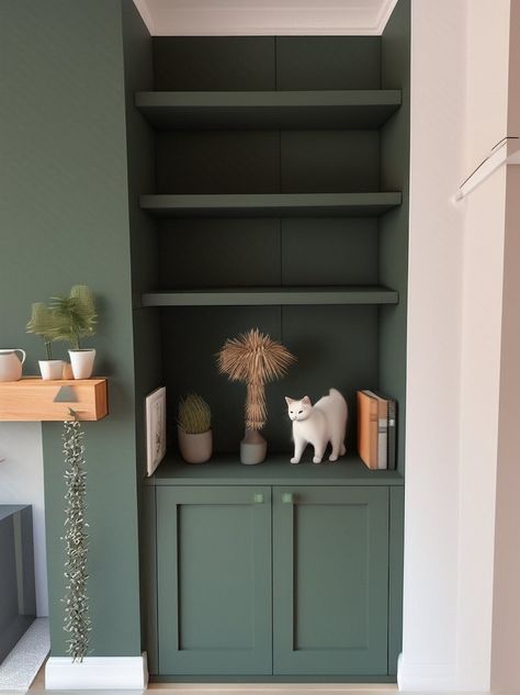 Green Built In Wardrobe, Small Alcove Ideas, Minimalist Bedroom Wardrobe, Built In Cupboards Living Room, Bedroom Wardrobe Designs, Cupboard Living Room, Alcove Ideas Living Room, Room Cupboard, Living Room Cupboards