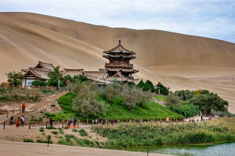 Oasis in the Gobi desert | Crescent Lake, Dunhuang | Flickr Asian Desert, Dnd Desert, Desert Culture, Environment Study, Chinese Deserts, Desert Clothing, Solo Vacation, Crescent Lake, Desert Aesthetic