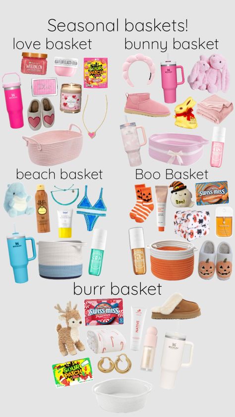 Seasonal basket! #love#bunny#beach#boo#burr Cute Basket Ideas, Preppy Birthday Gifts, Make A Basket, Burr Basket, Making A Gift Basket, Baskets Ideas, Birthday Presents For Friends, Holiday Baskets, Preppy Gifts