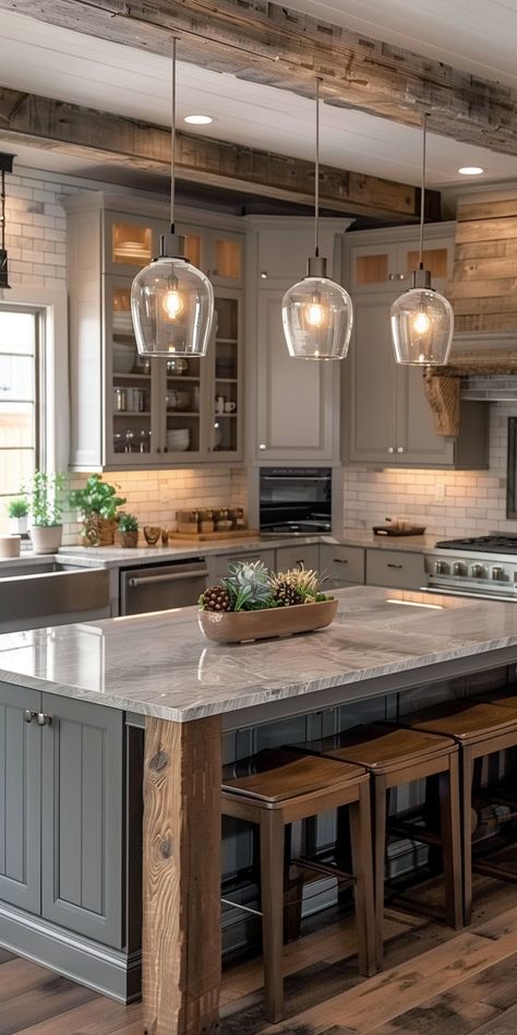 Kitchen With Open Dining Room, Kitchen Ideas With An Island, Modern Farmhouse Kitchen Design Open Concept, Farmhouse Barndominium Kitchen, Farmhouse Chic Design, Modern Shabby Chic Kitchen, Long Island With Seating, Rustic Kitchen Islands With Seating, Kitchen With Middle Island