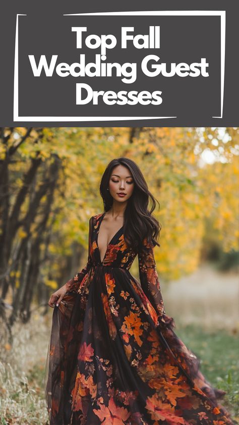 A woman wearing a stylish fall wedding guest dress in rich autumn colors, standing outdoors with fall leaves in the background. Cocktail Fall Dress, Fall Dress Colors, Fall Wedding Attire Guest, Autumn Wedding Guest Dress, Wedding Guest Dress For Fall, Elegant Dresses For Wedding Guest, Fall Wedding Guest Outfit, Fall Wedding Attire, Wedding Guess Dress