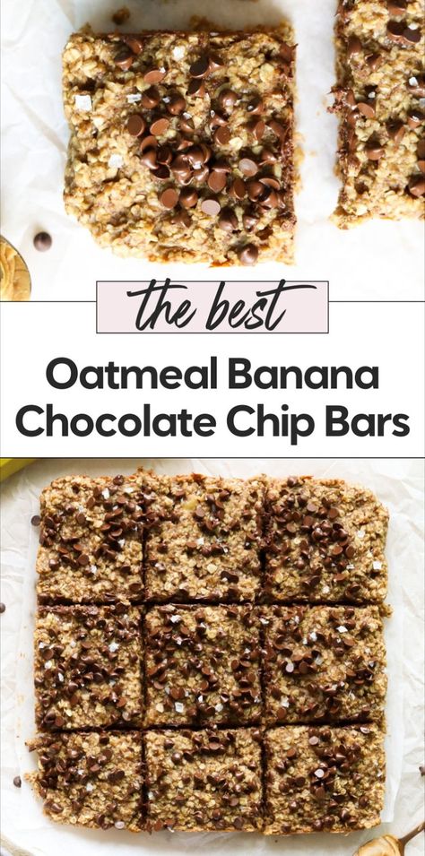 Try the best oatmeal bars ever with this recipe for banana peanut butter oatmeal bars! These baked oatmeal bars are a perfect healthy snack or breakfast option. The best oatmeal chocolate chip bars combine peanut butter, banana, and oats for a delicious on the go snack. Enjoy this banana oatmeal bars recipe for easy baked banana oat bars anytime! 4 Ingredient Banana Oat Bars, Healthy Snack With Bananas, Banana Chocolate Chip Baked Oatmeal, Oat Banana Bars, Banana Peanut Butter Oat Bars, Banana Oats Recipes, Banana Oatmeal Recipes, Banana Peanut Butter Oatmeal Bars, Banana Oat Chocolate Chip