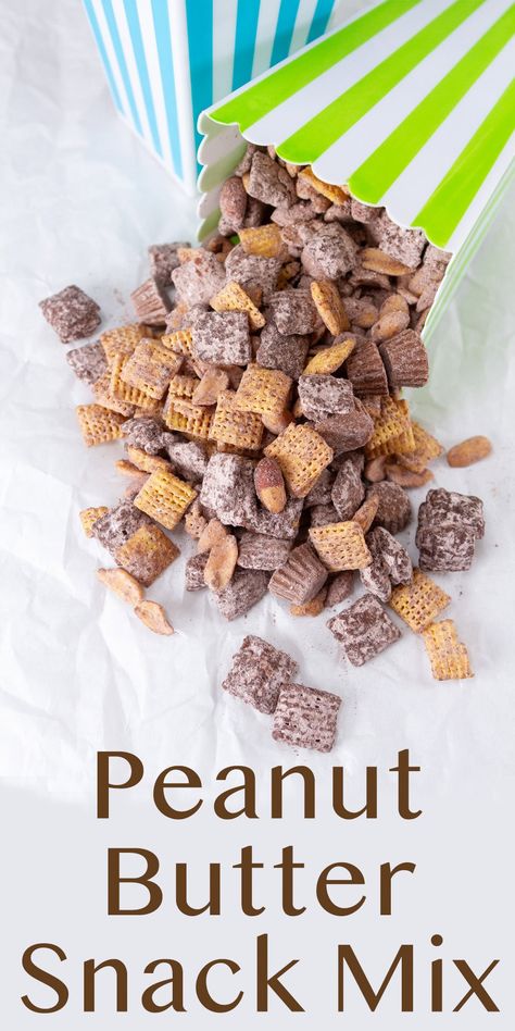 Peanut Butter Snack Mix is filled with peanut butter cereal, chocolate, peanuts, and miniature peanut butter cups! It’s loaded with fun, crunchy, and sweet peanut butter and chocolate flavor in an easy to make snack mix. Reeses Snack Mix Recipes, Peanut Butter Chex Cereal Recipes, Peanut Butter Chex Recipes, Peanut Butter Snack Mix Recipes, Chocolate Chex Recipes, Peanut Butter Chex Mix Recipes, Peanut Butter Chex Mix, Chex Mix Recipes Christmas, Chocolate Chex Mix Recipes