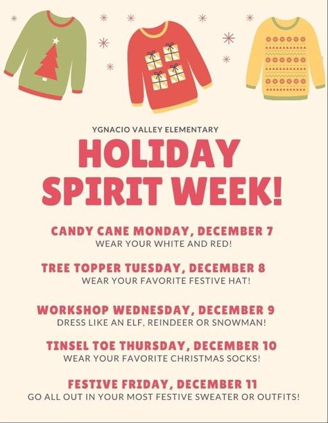 Winter Spirt Week Ideas, Holiday Dance Theme, Christmas Theme Week At Work, December Spirit Week, Fall Spirit Week Ideas For School, School Christmas Fundraiser Ideas, Office Holiday Activity Ideas, Christmas School Spirit Week Ideas, Christmas Staff Ideas