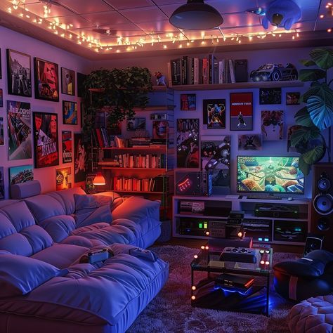 Which game room are you chilling in? 🎮 Cute Spare Room Ideas, Living Gaming Room, Game Room Aesthetic Dark, Cute Game Room Decor, Gaming Library Room, Gaming Living Room Setup, Library And Gaming Room, Cozy Video Game Room, Fun Game Room Ideas