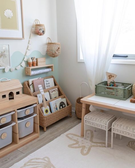 Small Nursery Playroom Combo, Small Bedroom And Playroom Combo, Basement Playroom Paint, Tiny Home Playroom, Infant Playroom Ideas, Organic Playroom, Montessori Inspired Classroom, Playroom Craft Area, Coastal Toddler Room