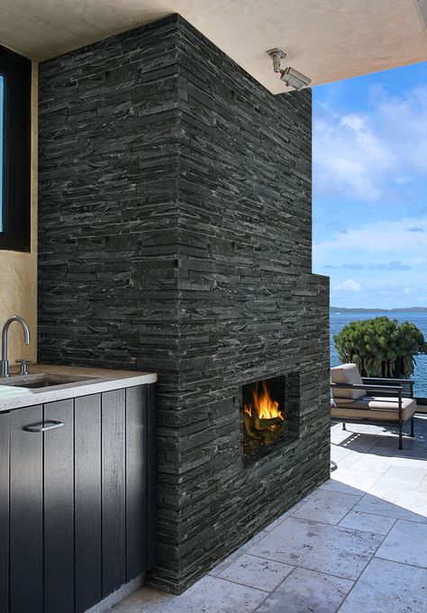 MSI Stacked Stone Visualizer Tool glacial black color Ledger Stone, Stacked Stone Panels, Fireplace Facade, Stone Panels, Mosaic Wall Tiles, Corner Wall, Travertine Tile, Exterior Stone, California Design