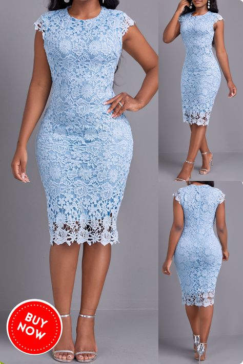 Look and feel your best in this light blue round neck lace bodycon dress! This stylish and elegant dress is perfect for any party occasion. The dress features a lace overlay, layered hem, zipper closure, and bodycon fit. It has short cap sleeves and a knee length. #lightbluedress #roundneckdress #lacedress #layerdress #zipperdress #bodycondress #capsleevedress #kneelengthdress #elegantdress #partydress #autumndress #bestdressed #fashionicon Knee Lenght Dress, Short Gown For Lace Style, Short Dress Styles Casual, All Lace Dress, Short Dress Lace Styles, Knee Length Lace Dress Classy, Cap Sleeve Dresses, Short Gown For Lace, Lace Fitting Dress Styles