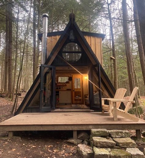 Off Grid A Frame Cabin, Off Grid Air Bnb, Off Grid A Frame, A Frame Tiny House, Prefab Granite Countertops, Tiny House Airbnb, Tiny A Frame Cabin, Perth Ontario, Modern Cottage Homes