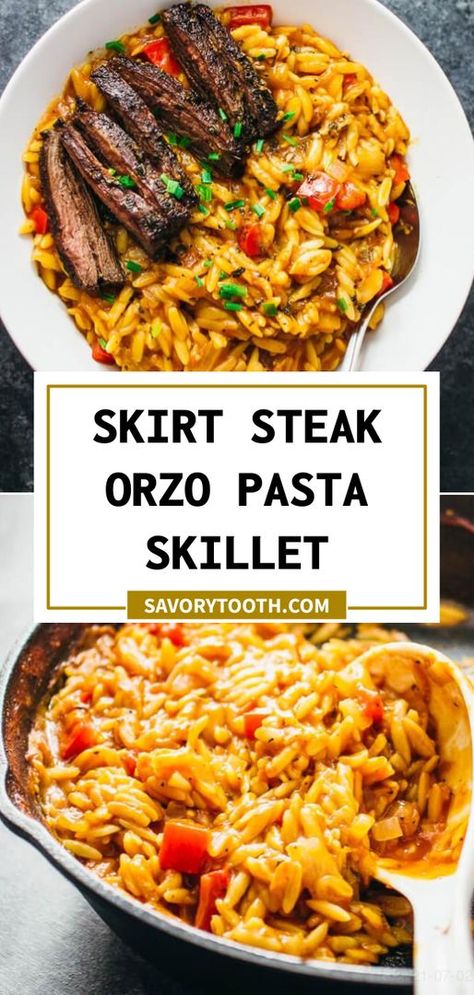 Steak Orzo, Tomato Orzo Pasta, Creamy Tomato Orzo, Creamy Orzo Pasta, Tomato Orzo, Orzo Pasta Recipes, Marinated Skirt Steak, Healthy Steak, Creamy Orzo