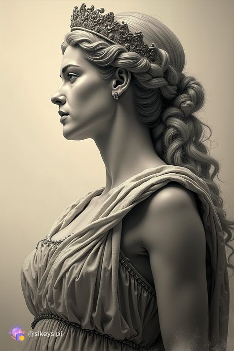 In this stunning representation, Hera, the goddess of marriage, is captured in a moment of divine serenity. With her flowing gown and elegant posture, she symbolizes the sacred bond of marriage and the strength of family. A beautiful tribute to one of the most powerful goddesses in Greek mythology. #Hera #GoddessOfFamily #GreekMythology #EpicArt #MarriageProtector #OlympianGoddess #MythicalArt Hera Goddess Tattoo, Hera Goddess Art, Hera Greek Mythology, Greek Mythology Hera, Hera Statue, Hera Art, Women In Greek Mythology, Hera Greek Goddess, Greek Goddess Hera