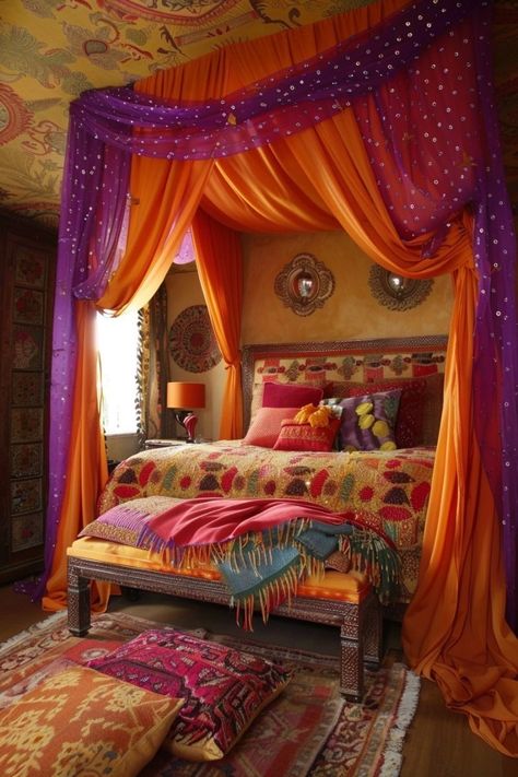 Bohemian Deco, Romantic Interior, Bedroom Ideas Inspiration, Orange Rooms, Dream Bedroom Inspiration, Moroccan Bedroom, Moroccan Living Room, Purple Rooms, Bedroom Orange