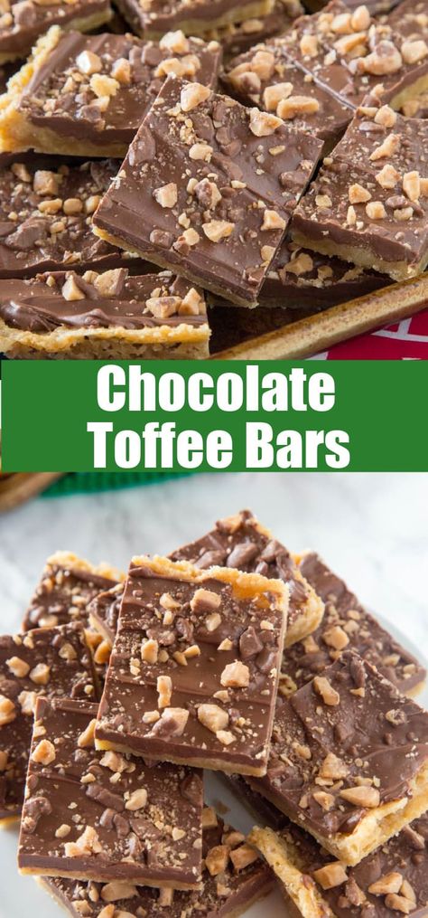 Chocolate Toffee Bars - crispy toffee flavored bars topped with chocolate and lots of bits of toffee. Just 6 ingredients, and so easy to make! Toffee Bits Recipe, Toffee Bars Recipe, Toffee Dessert, Chocolate Toffee Bars, Easy Toffee, Peppermint Recipes, Toffee Chips, Toffee Candy, Toffee Recipe