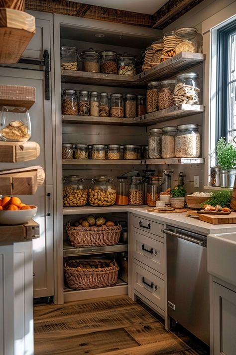 Achieve a simple yet stylish farmhouse kitchen with pantry designs that blend minimalist and rustic elements. 🏡✨ Cottage Kitchen Pantry, Walk In Pantry Farmhouse, Farmhouse Kitchen Minimalist, Dream Kitchen Pantry, Homestead Pantry Ideas, Rustic Butlers Pantry, Cottage Core Pantry, Cute Pantry Ideas, Farmhouse Kitchen With Pantry