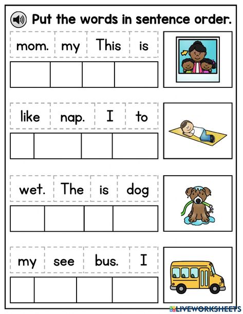 Re Order Sentences Worksheet, Writing Words Kindergarten, Sentence Worksheets Kindergarten, Kindergarten Sentence Writing Worksheets, Esl Kindergarten Worksheets, Write Sentences Worksheets, Write A Sentence Worksheet, Building Words Worksheet, Building Cvc Words