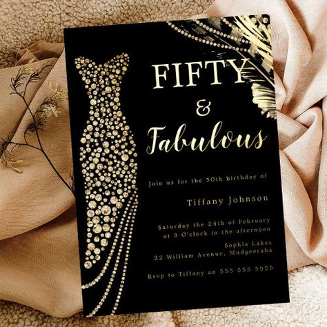 $3.95 | Fifty & Fabulous Elegant Gold Dress 50th Birthday #gold, foil, vintage, golden, 50th birthday, fifty and fabulous, 50th birthday party, dress, gown, gatsby Elegant Gold Dress, 60th Birthday Party Themes, 60th Birthday Theme, 60th Birthday Ideas For Mom, Elegant Birthday Invitations, 60th Birthday Party Decorations, 60th Birthday Decorations, 50th Birthday Party Invitations, 60th Birthday Invitations