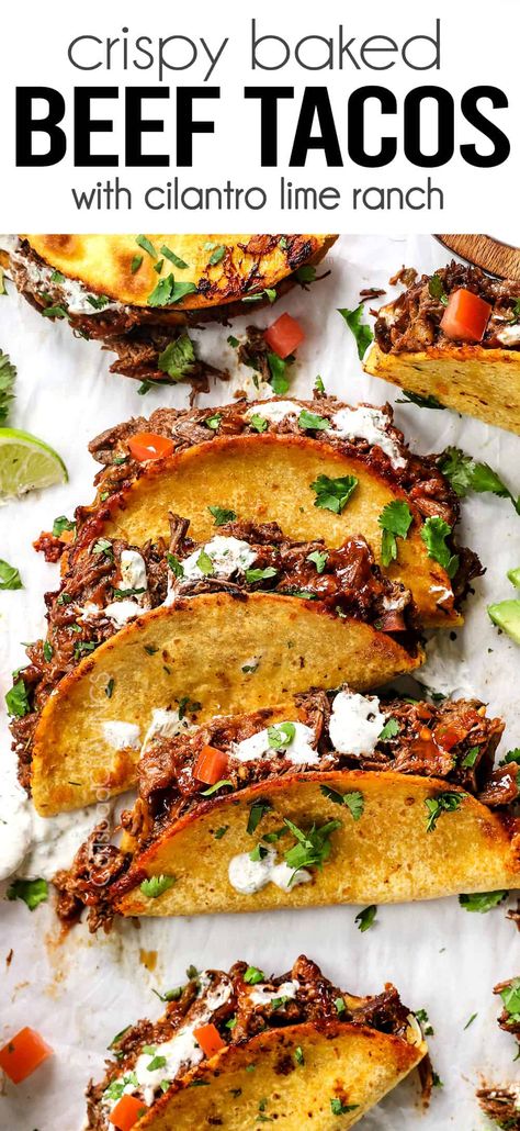 Crispy Baked Shredded Beef Tacos (crockpot, oven, stove or instant pot) Beef Tacos Crockpot, Shredded Beef Tacos Crockpot, Barrio Tacos, Crockpot Beef Tacos, Cilantro Lime Ranch, Tacos Crockpot, Crockpot Mexican, Shredded Beef Tacos, Beef Tacos Recipes