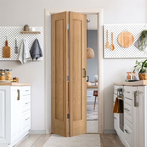 Oak Bifolding Doors, Consatina Doors, Doors Without Frame, Bifold Door Bathroom, Bifold Bathroom Door Ideas, Invisible Doors Ideas, Bifold Internal Doors, Door Ideas For Small Spaces, Boiler Cover