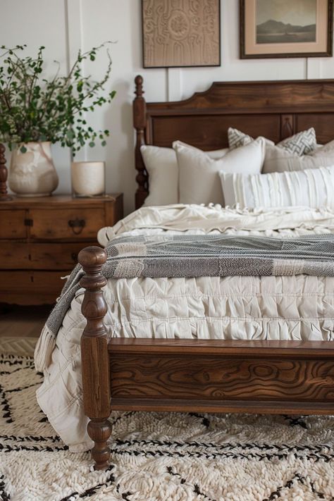 Dive into over 50 vintage farmhouse bedroom ideas for a cozy and modern aesthetic. Discover chic inspiration for decor, color schemes, textiles, and more! Country Chic Bedroom Decor, Diy Farmhouse Bed Frame Queen Size, Vintage Cottage Decor Bedroom, Bedroom Inspirations Cottage, Master Bedrooms Vintage, Organic Vintage Bedroom, Romantic Farmhouse Bedroom Ideas, Western Antique Bedroom, Antique And Modern Mix Decor Bedroom