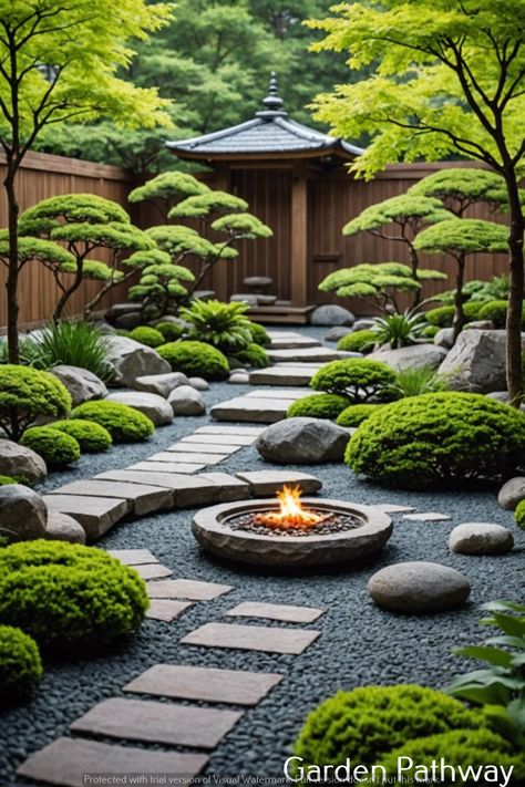 Gardeners-gardeneer garden decorations Japanese Gardens Backyard, Japanese Garden Landscape Backyards, Backyard Landscaping Japanese, Japanese Backyard Landscaping, Japanese Fire Pit, Zen Yard Ideas, Zen Garden Japanese, Japanese Landscaping Ideas, Japanese Garden Front Yard