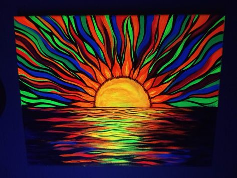 ORIGINAL UV Reactive Acrylic Painting - Blacklight Art - By Brooke Hawley 2019 Neon Painting Wall Art, Blacklight Canvas Painting Ideas, Cool Neon Paintings, Florecent Paintings, Black Neon Painting, Trippy Sunset Painting, Blacklight Art Ideas, Uv Light Painting, Uv Painting Canvas