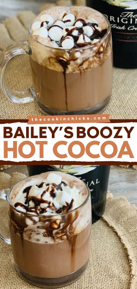 Say hello to your new favorite fall drink idea! Rich, creamy, and spiked with Bailey's, this boozy hot chocolate is on a whole new level of deliciousness. Once you try this fall cocktail recipe, you'll never want the regular hot chocolate again! Hot Chocolate Alcoholic Drinks, Boozy Hot Cocoa, Chocolate Alcoholic Drinks, Baileys Recipes Drinks, Alcoholic Hot Chocolate, Baileys Drinks, Boozy Hot Chocolate, The Cookin Chicks, Chocolate Baileys