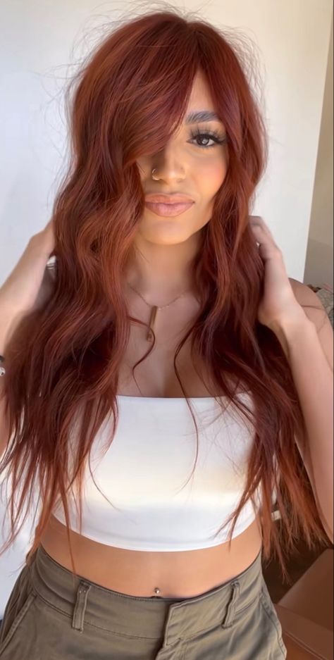 Fall Inspired Hair Color 2023, Copper Hair With Red Lowlights, Money Piece With Copper Hair, Burgundy Hair With Copper Money Piece, Penny Copper Hair Color, 7rc Hair Color, Copper Hair With Black Roots, Auburn Underneath Hair, Copper With Money Piece Hair