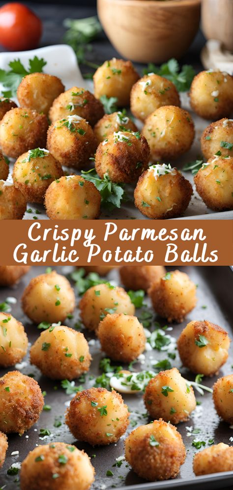 Crispy Parmesan Garlic Potato Balls | Cheff Recipes Italian Potato Balls, Thanksgiving Potato Appetizers, Air Fried Potato Balls, Garlic Parm Potato Cheese Balls, Cheese Potato Balls Recipe, Mash Potato Bites, How To Make Potato Balls, German Potato Balls, Crispy Pub Potatoes