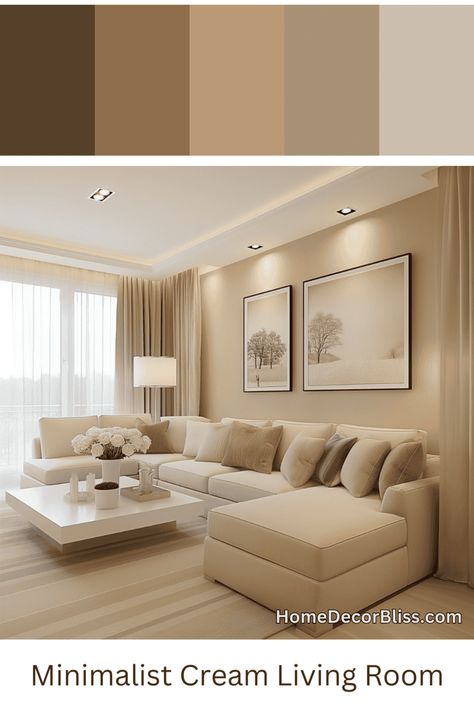 Minimalist Living Room: Cream Color Palette Cream Colour Living Room Ideas, Living Room Sitting Ideas, Neutral Color Palette Interior Design, Neutral Theme Living Room, Living Room Palette Ideas, Living Room Designs Color Palette, Cream Wall Living Room, Cream Colored Living Room Ideas, Living Room Sofa Color Ideas