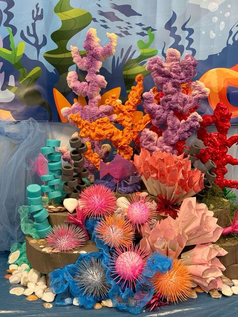 Coral Out Of Pool Noodles, Little Mermaid Jr Set Design, Atlantis Decor, Diy Coral Reef, Origami Ocean, Cellophane Art, Coral Diy, Underwater Theme Party, Under The Sea Theme Party