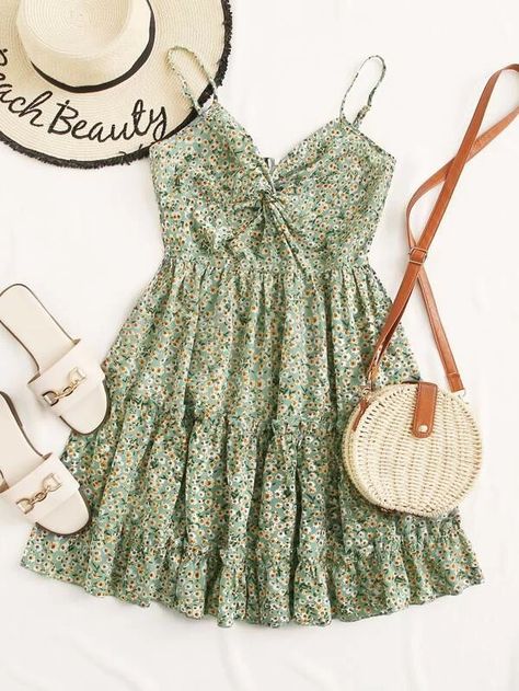 Twist Front Frill Trim Tiered Ditsy Floral Cami Dress | SHEIN USA Floral Cami Dress, Green Spaghetti, Bold Outfits, Everyday Fashion Outfits, Floral Cami, Boho Summer Dresses, Classy Dress Outfits, Boho Green, Stylish Dresses For Girls