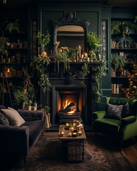 Forest Witch Living Room, Whimsigoth House, Moody Forest, Moody Living Room, Gothic Boho, Dark Acadamia, Dark Living Rooms, Interior Design Per La Casa, Forest Witch