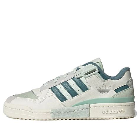 Adidas Forum Exhibit Low Shoes 'Off White Cloud White Core Black' GX45 Forum Exhibit Low Shoes, Retro Adidas Shoes, Light Green Sneakers, Green Adidas Shoes, Expensive Sneakers, Nice Sneakers, Everyday Sneakers, Cute Adidas Shoes, Basketball Style