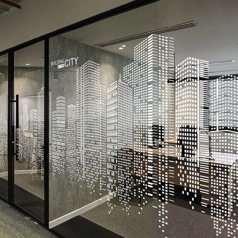 Frosted Window Design, Glass Sticker Design, Glass Film Design, Glass Wall Office, Glass Wall Design, Window Film Designs, Small Office Design Interior, Glass Door Design, Frosted Glass Design