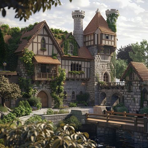 This enchanting image showcases a fairy-tale castle with stone and timber architecture, red-tiled roofs, and ivy-covered walls. The castle features multiple turrets, gabled roofs, and arched windows. A wooden bridge spans a serene moat, leading to the grand arched entrance. Surrounded by lush, meticulously maintained gardens, this castle exudes a magical and whimsical charm, perfect for a storybook setting. Modern Castle Exterior, Tudor Manor Floor Plans, Medieval House Aesthetic, Enshrouded Build, Small Castle House, Castle House Modern, Middle Ages Architecture, Castle Concept Art, Midevil Castle