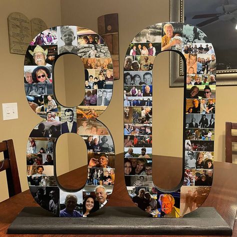 Photo Collage Number Cutouts - Party Decorations by a Pro Photo Display For Anniversary Party, 75 Birthday Picture Collage, Photo Wall Collage Birthday Party, Display Pictures At Party, How To Display Pictures At A Party, Photo Display For Party, 80th Birthday Party Ideas Grandpa, Number Picture Collage, Photo Number Collage