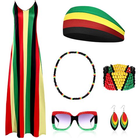 PRICES MAY VARY. African Style Accessory Set: there provides you with the set of Jamaica outfit for women, including 1 piece summer suspender maxi dress, 1 piece Rasta headband, 1 pair of Rasta stripes square sunglasses, 1 piece Rasta beads necklace, 1 piece Jamaican bracelet, and 1 pair of African earrings, suitable for most girls and women, which can meet your daily wearing needs Safe and Reliable: the suspender and hat are made of soft and comfortable fabrics, and the glasses are made of qual Jamaican Party Outfit, Reggae Outfit Women, Jamaican Outfits For Women, Jamaica Clothes, Jamaica Jewelry, Jamaican Design, Reggae Outfit, Jamaica Outfit, Jamaican Dress