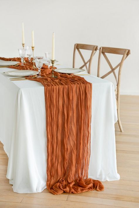 Rustic Gauze Cheesecloth Table Runner 30"w x 10FT - Burnt Orange Fall Wedding Arches, Cheesecloth Table Runner, Burnt Orange Weddings, Handmade Bouquets, Boda Mexicana, Vintage Wedding Decorations, Orange Wedding, October Wedding, Cheese Cloth