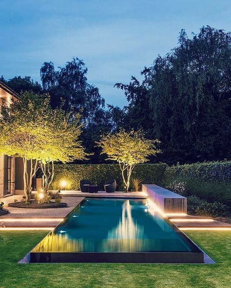 Garden Pool Design, Small Cottage Garden Ideas, Garden Lighting Design, Moderne Have, Moderne Pools, Pool Landscape Design, Backyard Pool Landscaping, Modern Pools, Backyard Inspiration